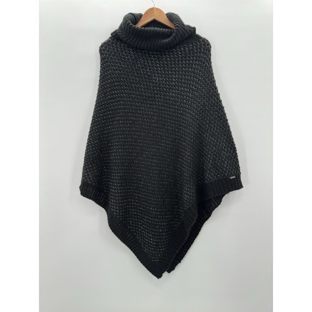 Calvin Klein Sweater Poncho Chunky‎ Knit Black Silver Tinsel Turtleneck One Size